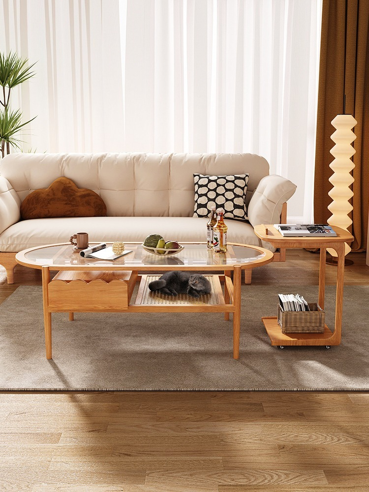 [Pre-order] Solid wood coffee table living room rattan log color tea table Japanese style home small apartment simple modern glass table-Smart-Living