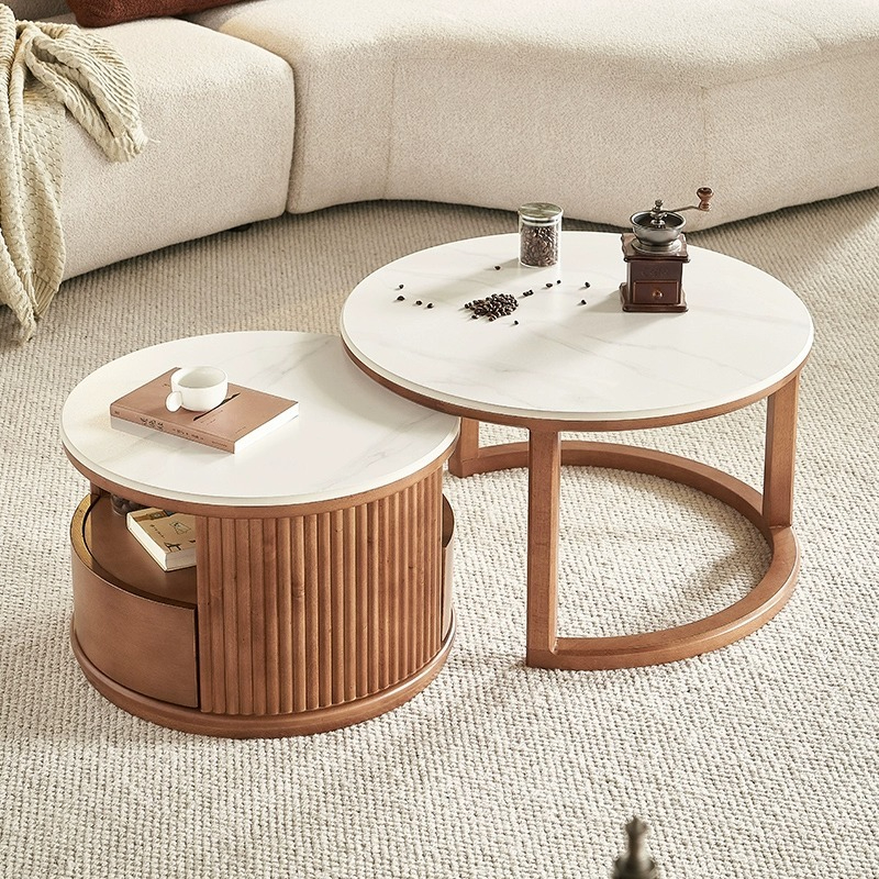 [Pre-order]  Lemas rock slab size round coffee table combination Nordic small apartment living room household telescopic storage round coffee table-Smart-Living