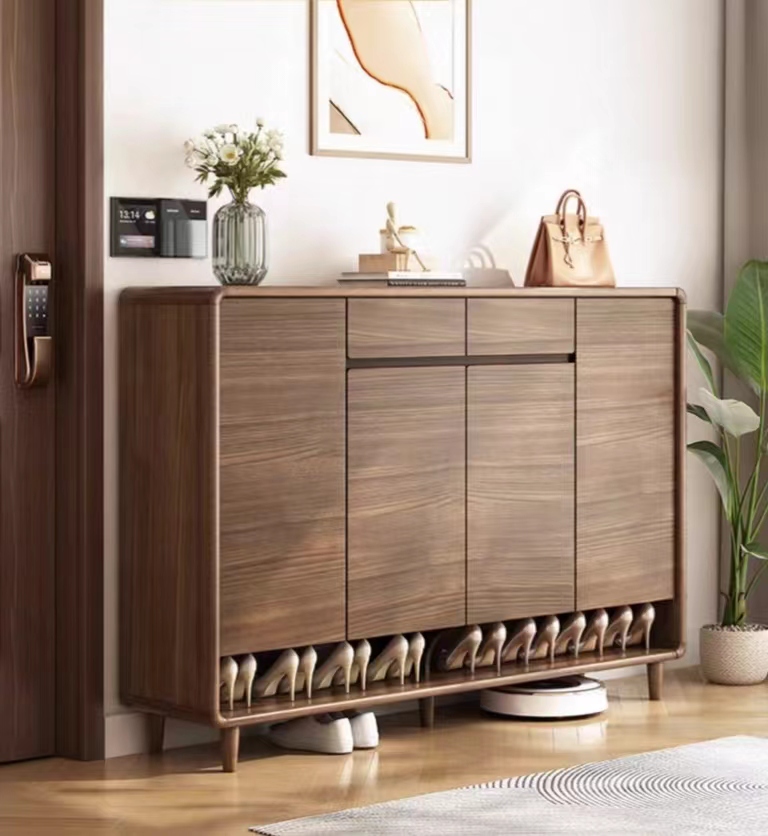 [Pre-order] Shoe cabinet, solid wood entrance door, elevator entrance hallway, black walnut color living room storage cabinet-Smart-Living
