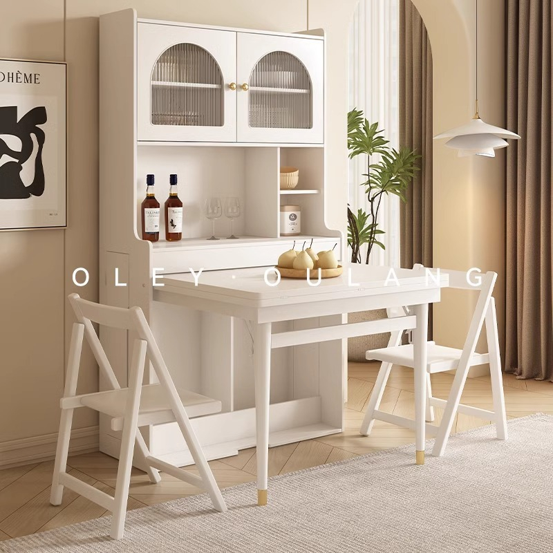 [Pre-order] Oulang French Cream Style Solid Wood Folding Dining Table and Chair Combination Simple and Modern Integrated Dining Side Cabinet Island Table-Smart-Living