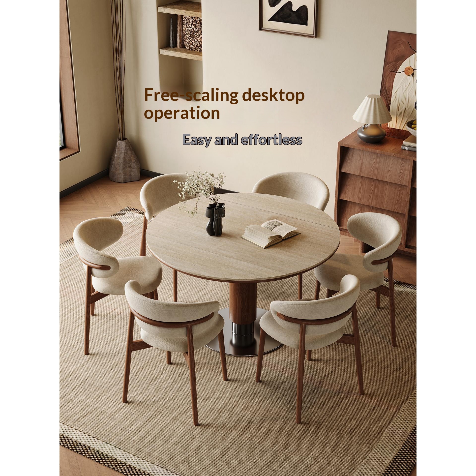 [PRE-ORDER] Solid Oak Bauhaus Travertine Slab Extendable Dining Table, Apartment Dual-Use Folding Table and Chair Set.