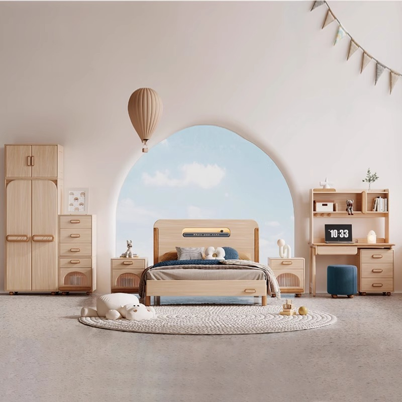 Solid wood, white wax wood, children's bed, boys' single bed, 1.2m and 1.5m small bedroom, small night light, wardrobe, desk-Smart-Living
