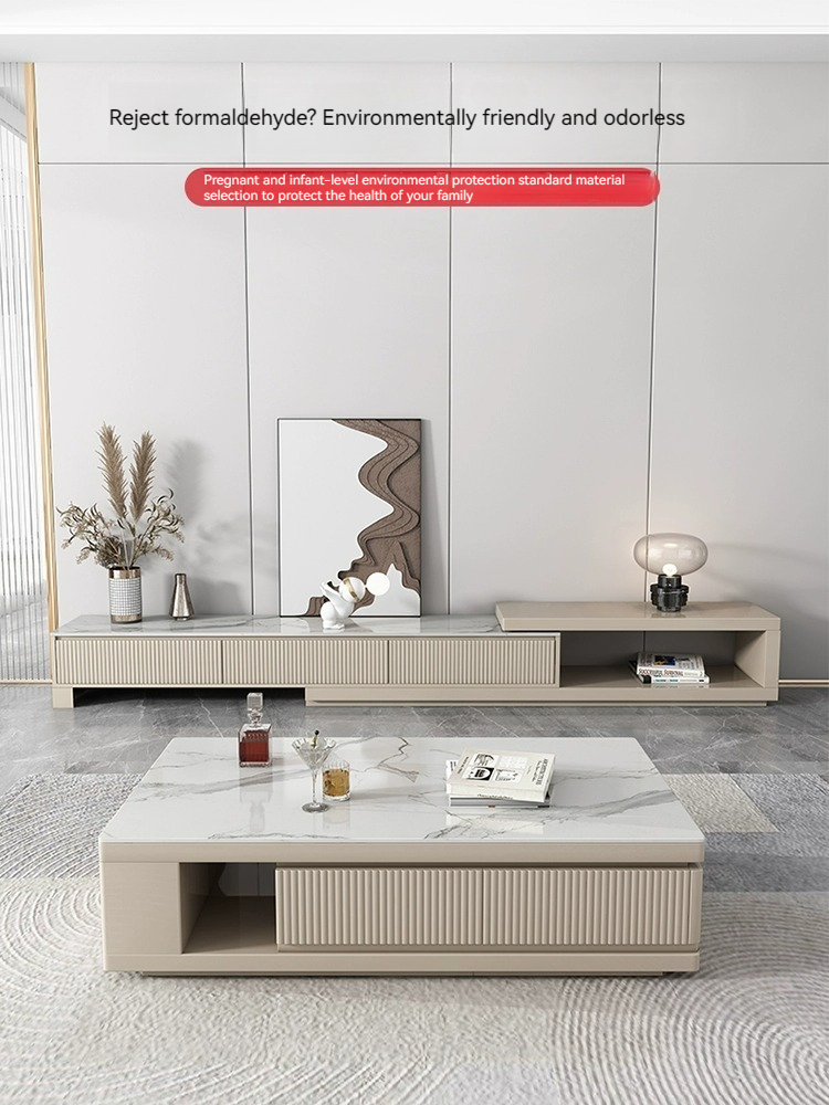 [Pre-order] Rock panel coffee table living room household light luxury simple modern coffee table TV cabinet cream wind 2023 new telescopic coffee table-Smart-Living