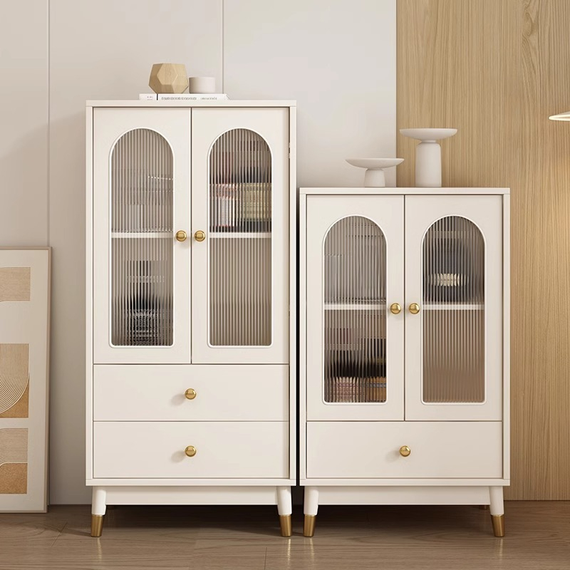 [Pre-order] Oulang Cream style living room, solid wood wine cabinet, display cabinet, integrated against the wall, simple modern glass sideboard, storage cabinet-Smart-Living
