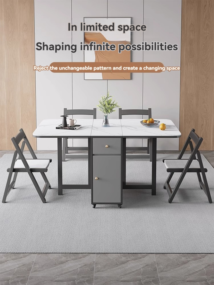 [Pre-order]Oulang  Rock plate folding dining table and chairs combination of modern and simple rental housing household small household movable rectangular row eating table-Smart-Living