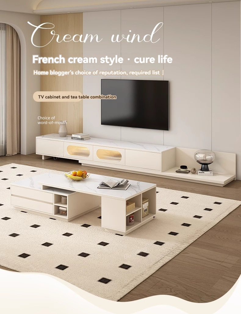 [Pre-order] Oulang 2024 New Solid Wood Rock Slab Retractable TV Cabinet Coffee Table Combination Modern Simple Floor Cabinet White Floor Cabinet-Smart-Living