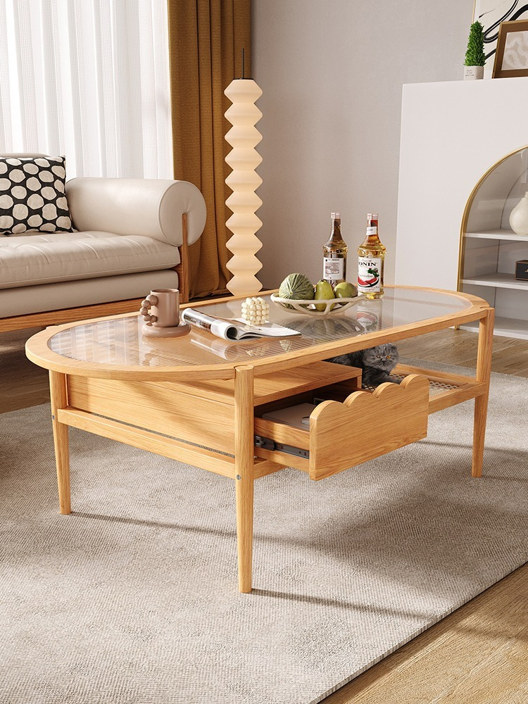 [Pre-order] Solid wood coffee table living room rattan log color tea table Japanese style home small apartment simple modern glass table-Smart-Living