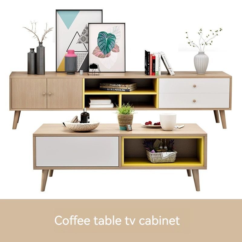 [Pre-order]  Nordic coffee table TV cabinet combination modern minimalist edge cabinet, wooden rectangular living room furniture set, tea table-Smart-Living