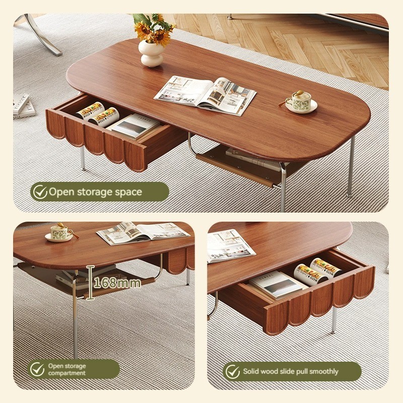[Pre-order]  Solid wood coffee table, living room table, household small house, vintage Nordic stilt tea table, long oval simple storage tea table-Smart-Living