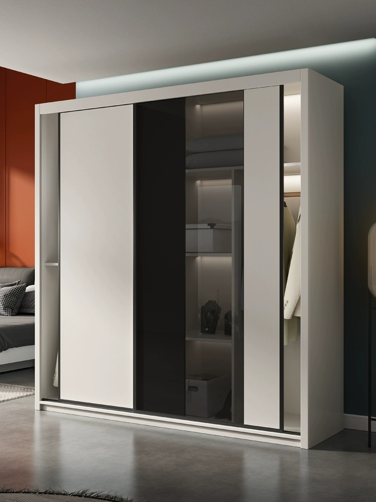 [Pre-order]  Sliding door wardrobe, household bedroom, small unit, modern and simple, light luxury glass door cabinet, sliding door wooden wardrobe-Smart-Living