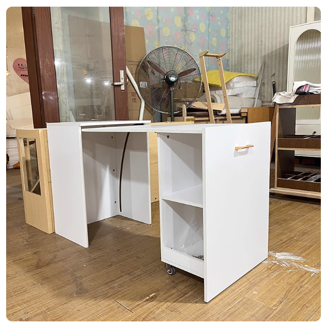 White extendable dining table rental furniture bookshelf, minimalist foldable table with built-in storage