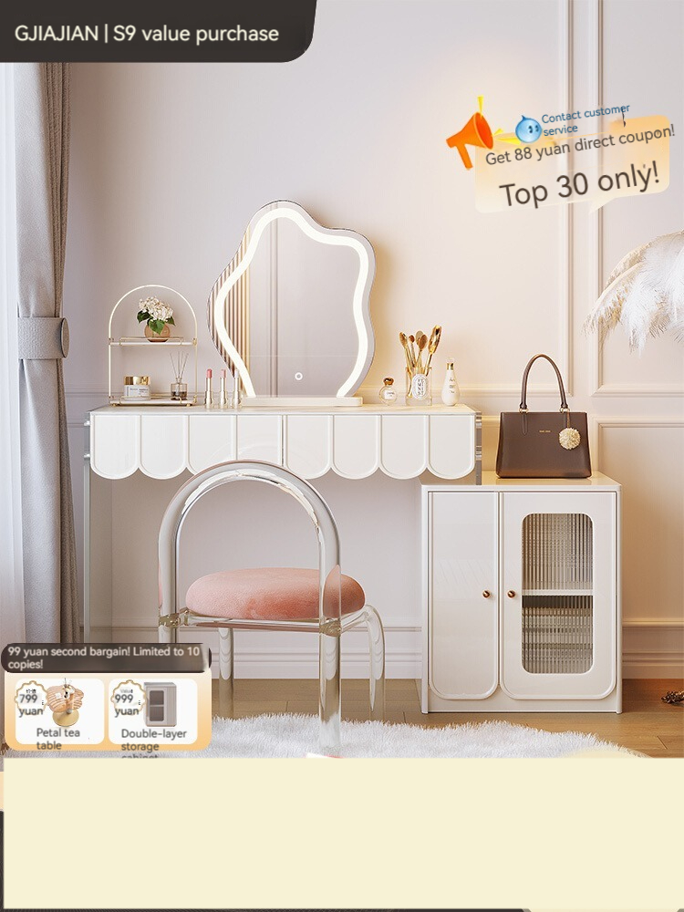 [Pre-order]  Acrylic French cream dresser, modern simple stone slab, telescopic suspended light luxury dressing table, storage cabinet-Smart-Living