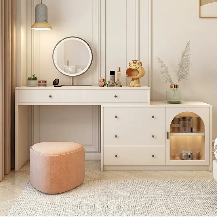 HMHF [Pre Order]  Creamy Wind Solid Wood Dressing Table with Modern Minimalist Corner Vanity Table Bedside Cabinet Drawer Cabinet Storage Cabinet Integrated