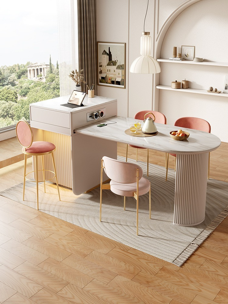 [Pre-order]  Light luxury cream wind island platform slate dining table restaurant home modern simple storage integrated dining table and chairs telescopic dining table-Smart-Living