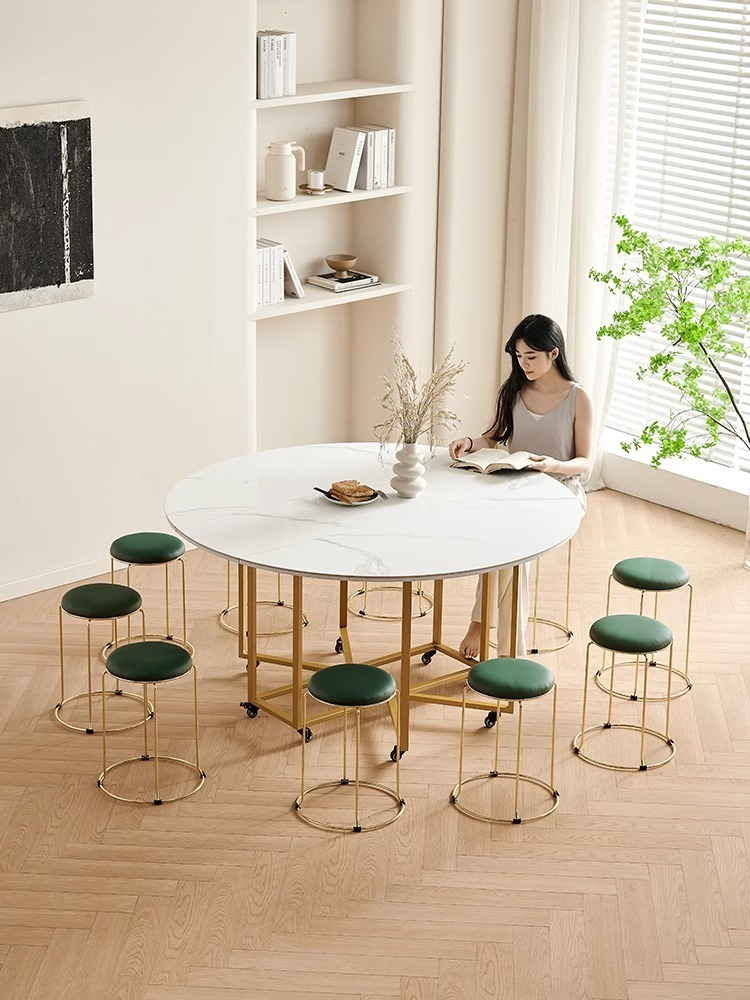 【Showroom】Small unit rock panel folding dining table, household circular dining table, simple and modern storage table, chair combination, round table-Smart-Living