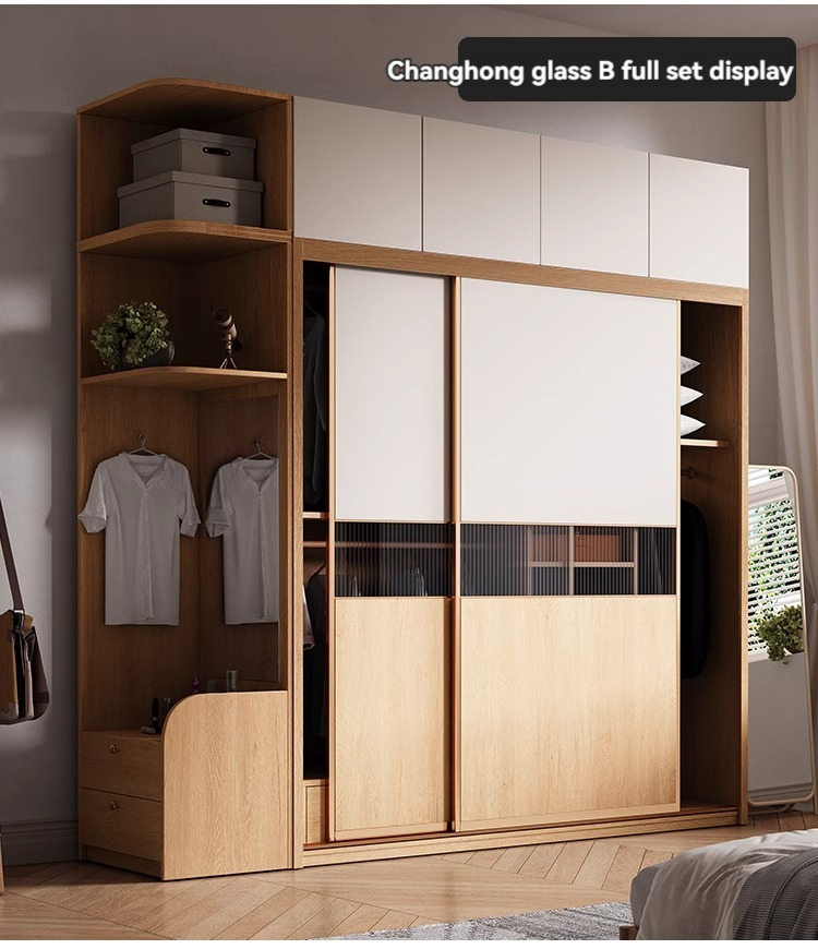 [Pre-order]  Sliding door wardrobe bedroom home modern simple small flat original wood color matching trip moving door wooden finished wardrobe-Smart-Living