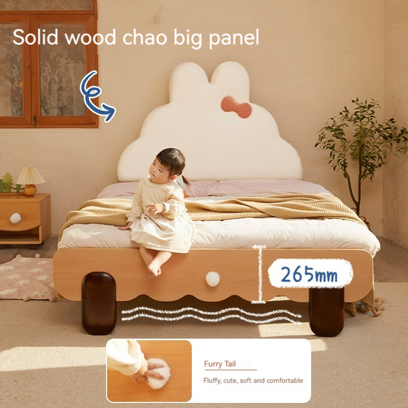 [Pre-order]  Cotton bunny bed solid wood kids bed girl princess bed bedroom soft bag single cream style girl bed sister-Smart-Living