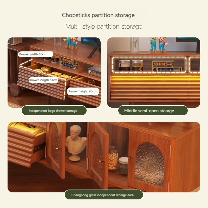 [Pre-order]  Solid wood TV cabinet combination French retro living room, boxwood household storage cabinet, glass door storage cabinet in one-Smart-Living