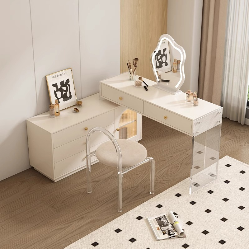 [Pre-order] Oulang 2024 New Cream Wind Belt Light Solid Wood Dressing Table Small Bedroom Makeup Table Desk Integrated Combination-Smart-Living