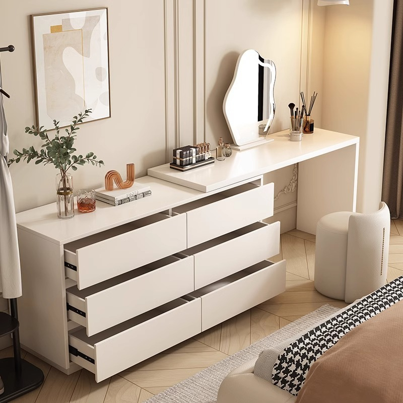 [Pre-order] Oulang solid wood cream style dressing table, desk, integrated bedroom dressing table, storage cabinet, white desk, office desk-Smart-Living