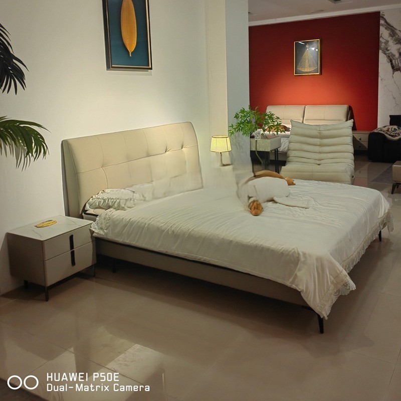 PRE ORDER / BTO PACKAGE - A - BED FRAME - Waffle top layer cowhide bed modern simple minimalist solid wood soft leather bed master bedroom