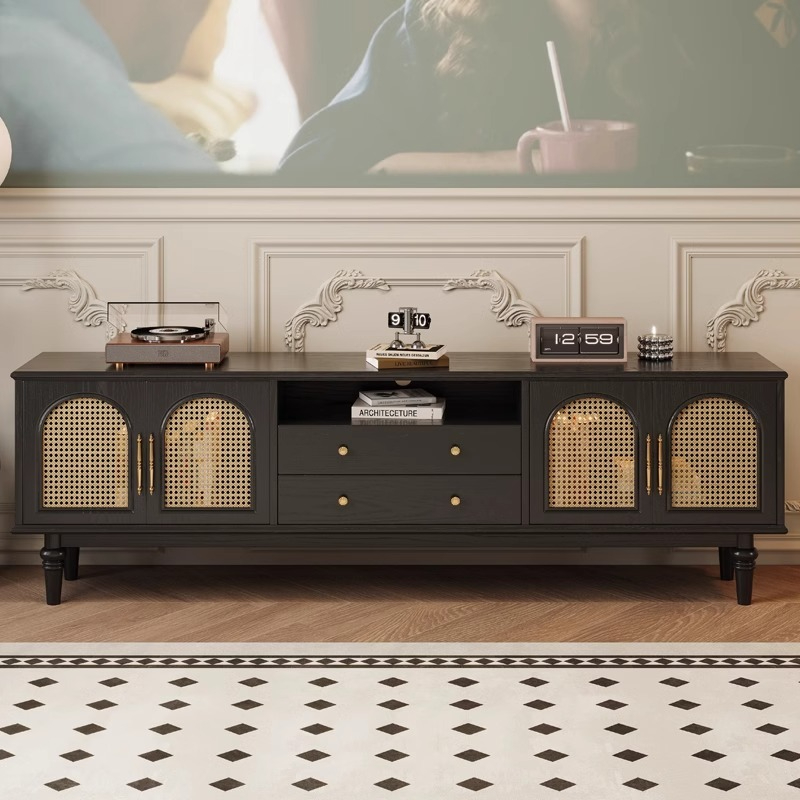 [pre order]French retro solid wood TV cabinet, small apartment, high vintage bedroom design, rattan TV cabinet-Smart-Living