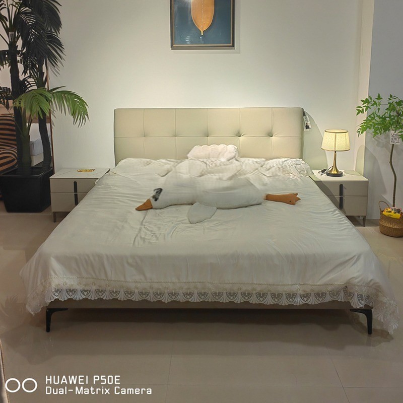 PRE ORDER / BTO PACKAGE - A - BED FRAME - Waffle top layer cowhide bed modern simple minimalist solid wood soft leather bed master bedroom