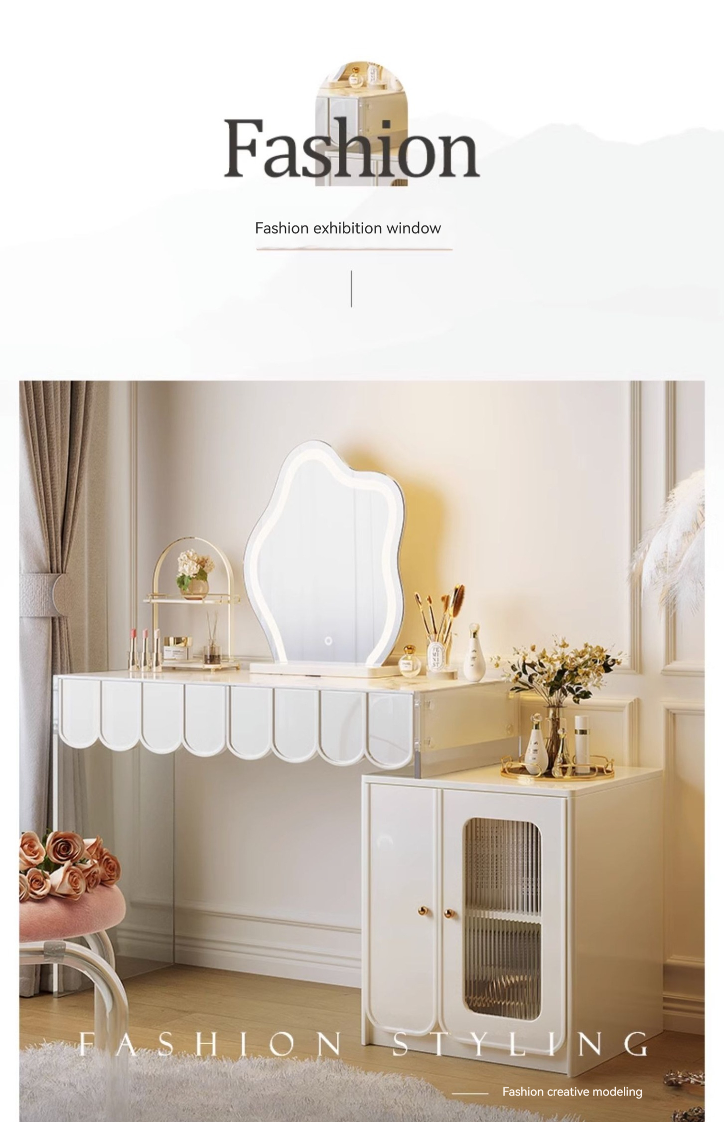 [Pre-order]  Acrylic French cream dresser, modern simple stone slab, telescopic suspended light luxury dressing table, storage cabinet-Smart-Living