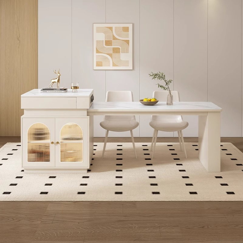 [Pre-order] Oulang Creamy style dining room island dining table and chairs combination retractable living room solid wood slate dining table 2024 new-Smart-Living