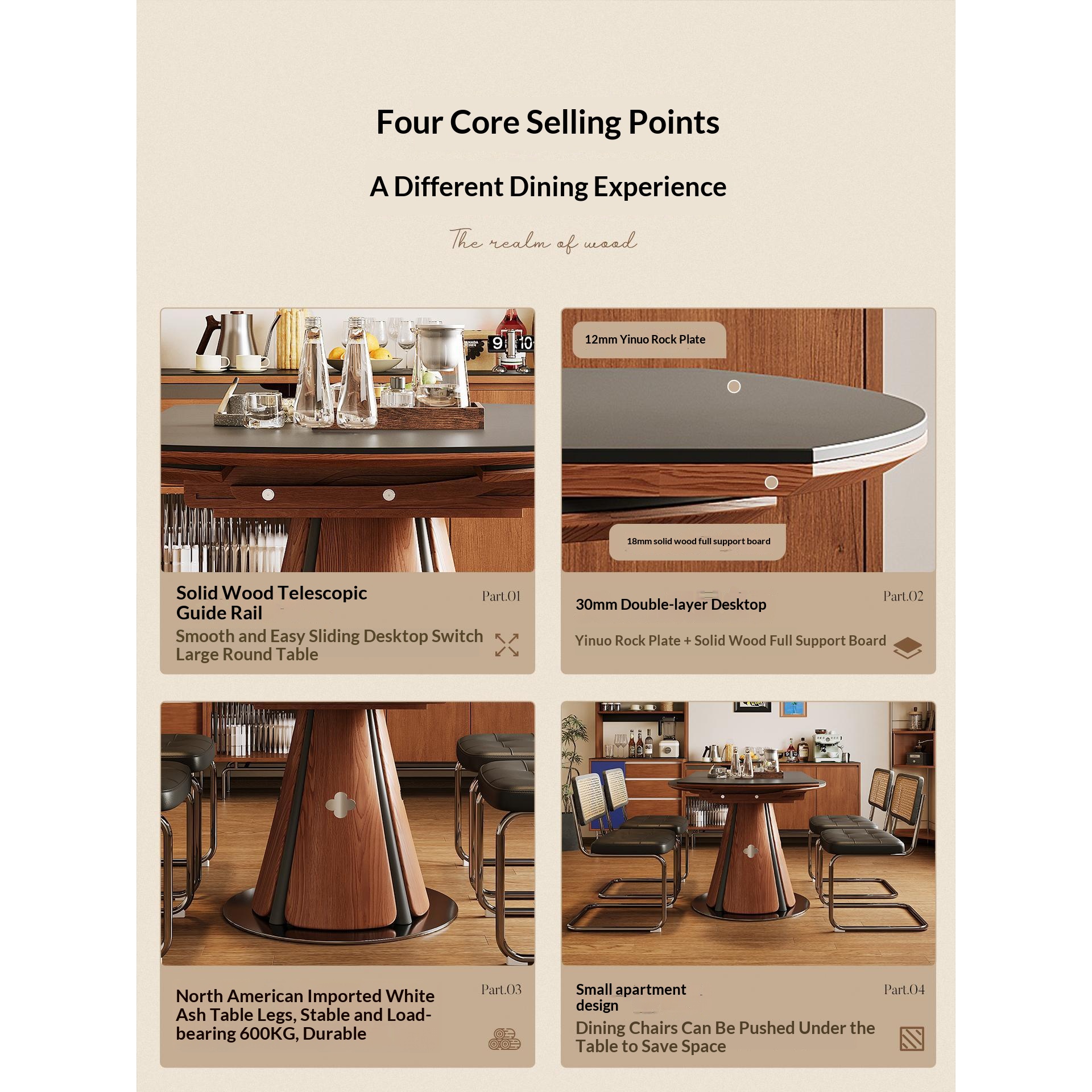 [PRE-ORDER] Solid Oak Vintage-style slab dining table, small apartments, convertible round table, foldable dining table.