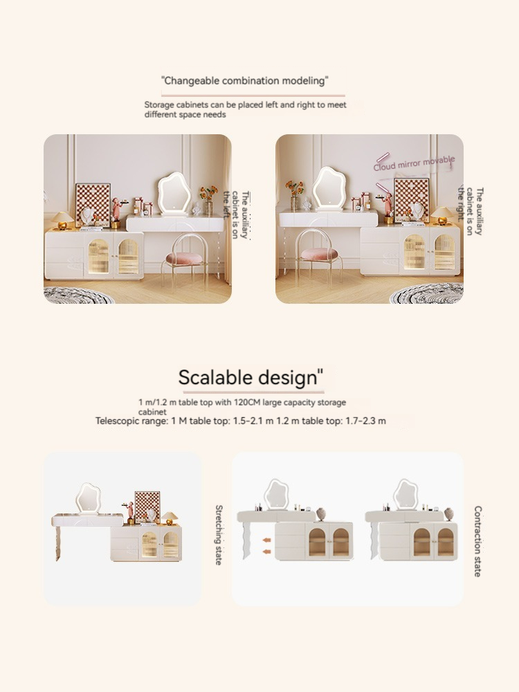 [Pre-order]  Cream style dresser storage cabinet integrated acrylic French light luxury dressing table, modern simple telescopic makeup table-Smart-Living