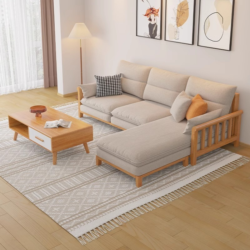 [pre order]Nordic solid wood sofa combination simple modern fabric chaise on corner sofa small apartment living room furniture-Smart-Living