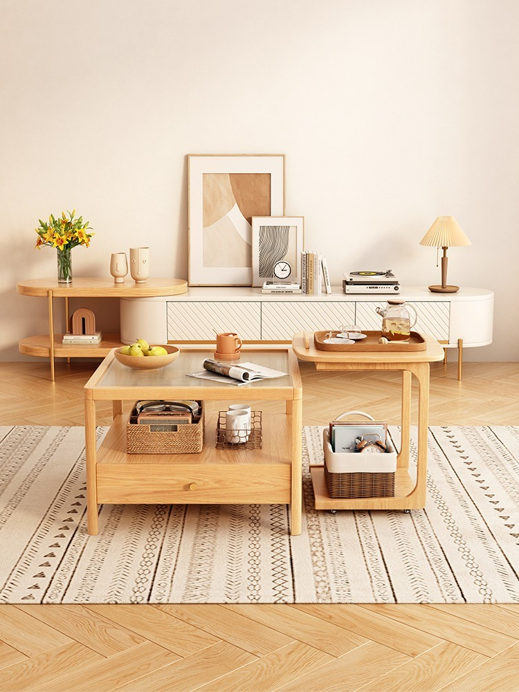 [Pre-order] Japanese style log style coffee table solid wood living room home small apartment wabi-sabi style Changhong glass multi-functional mobile side table-Smart-Living