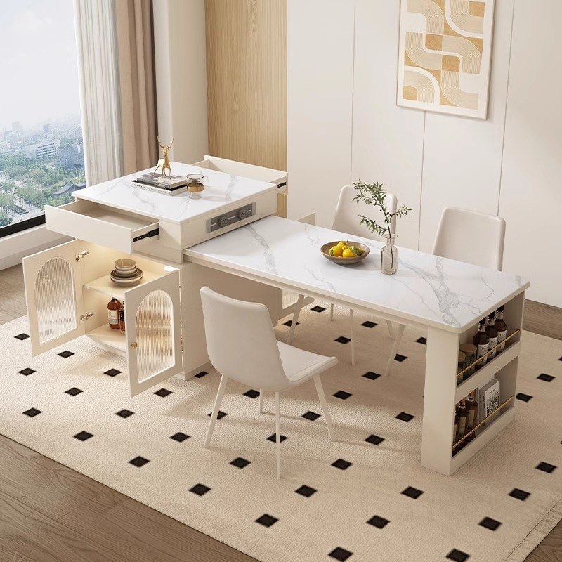 [Pre-order] Oulang Creamy style dining room island dining table and chairs combination retractable living room solid wood slate dining table 2024 new-Smart-Living