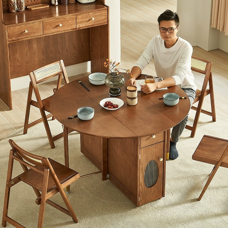 【Showroom】Le Mas Small Unit Solid Wood Dining Table Household Round Dining Table Nordic Light Luxury Mobile Storage Folding Table and Chair-Smart-Living
