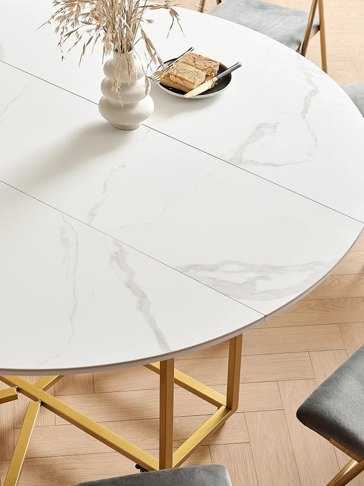 【Showroom】Small unit rock panel folding dining table, household circular dining table, simple and modern storage table, chair combination, round table-Smart-Living