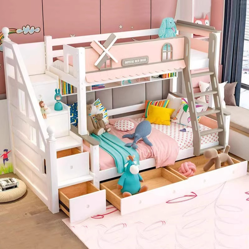 [Pre-order] Children's high and low bed, mother and child bed, two-story bunk wooden bed, cartoon mother and child bed, bunk bed, all solid wood-Smart-Living