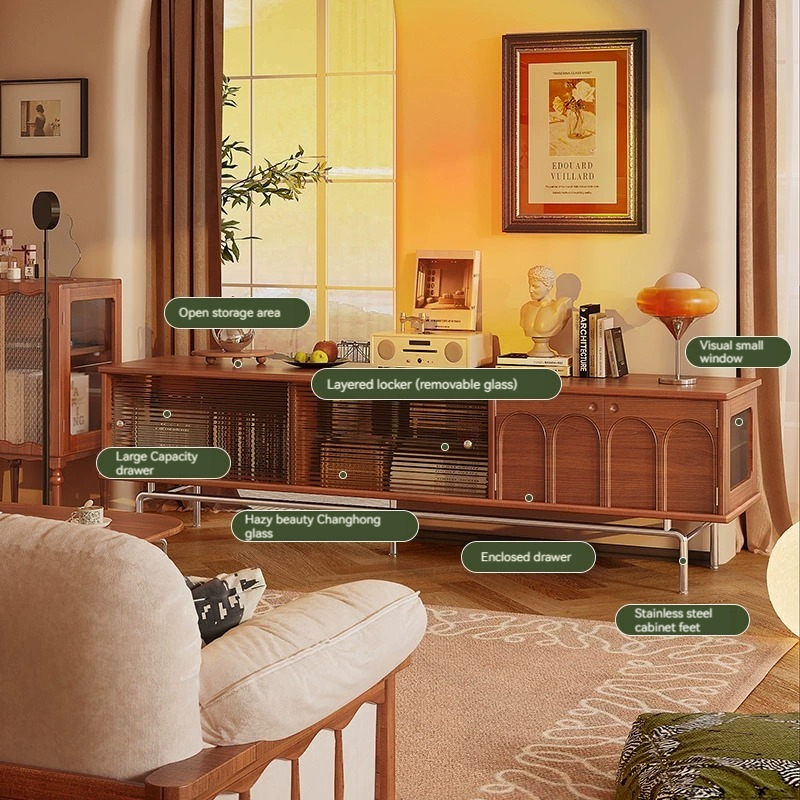 [Pre-order]  French solid wood TV cabinet, coffee table combination, small apartment simple American home antique living room retro style storage cabinet-Smart-Living