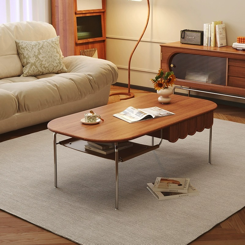 [Pre-order]  Solid wood coffee table, living room table, household small house, vintage Nordic stilt tea table, long oval simple storage tea table-Smart-Living