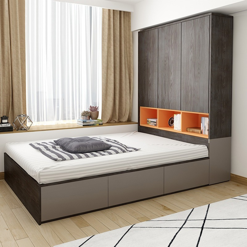 Nordic modern minimalist double bed 1.2m/1.5m tatami bed board style wardrobe bed high box storage bed-Smart-Living