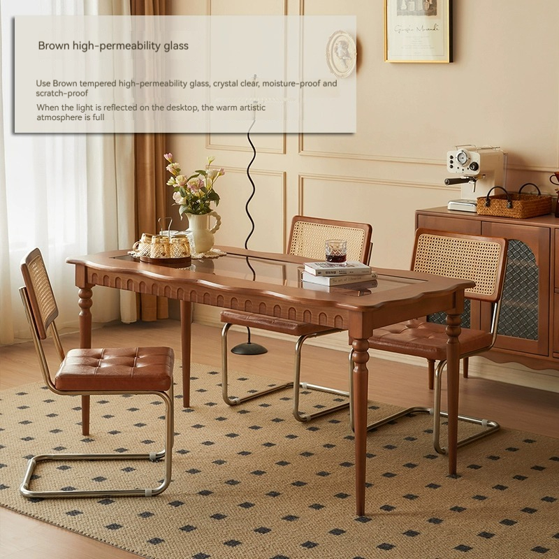 [Pre-order]  All solid wood dining table rectangular French retro small apartment pure solid wood dining table in the antique style household dining table and chair combination-Smart-Living