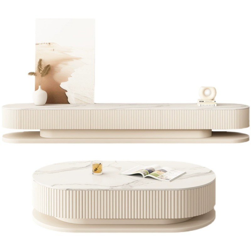 [Pre-order] Cream style coffee table living room household modern simple rock plate white round small apartment coffee table TV cabinet combination-Smart-Living