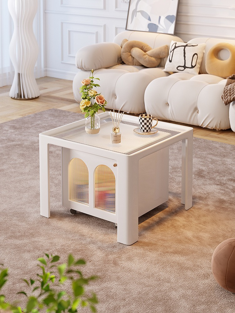 [Pre-order]  Glass coffee table living room home simple modern creative mobile square table small apartment TV cabinet combination white-Smart-Living