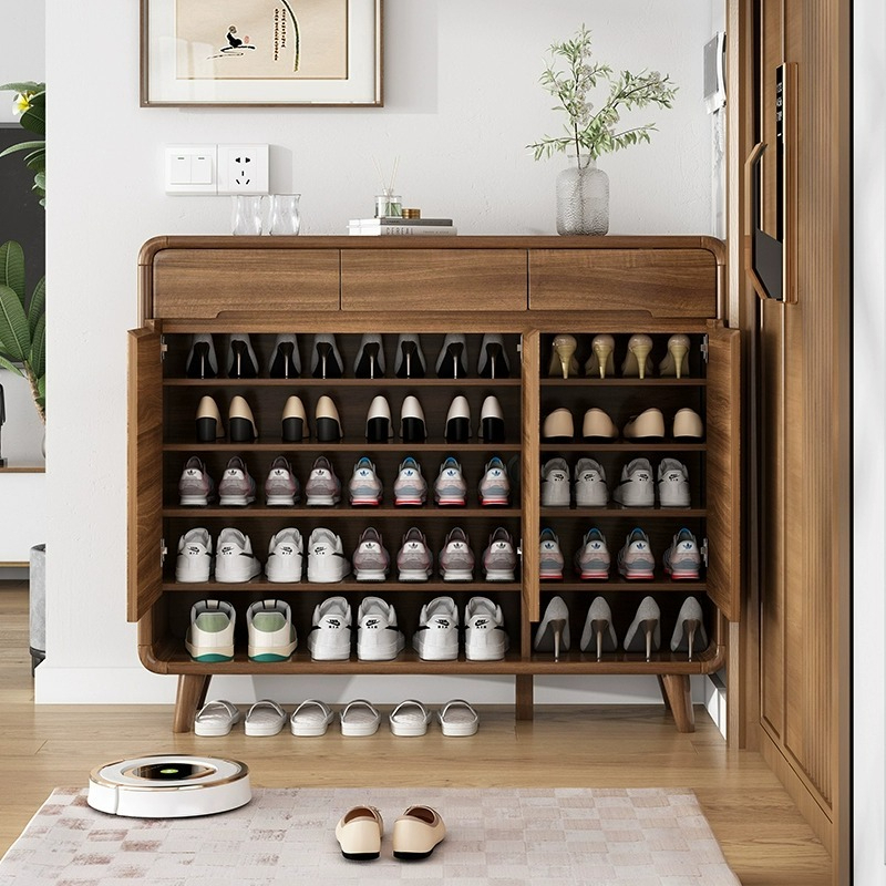 Solid wood shoe cabinet at home doorstep, pure solid wood entrance cabinet, popular 2023 new walnut color partition cabinet-Smart-Living