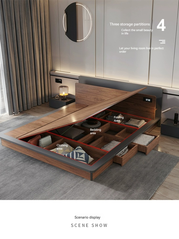 [Pre-order]  Nordic style bed light luxury modern simple side open tatami mat assembly low bed double small bedroom storage marriage bed-Smart-Living