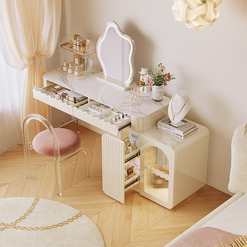 [Pre-order]  Light luxury stone slab dresser, French cream bedroom, modern INS small apartment telescopic dressing table, storage cabinet in one-Smart-Living