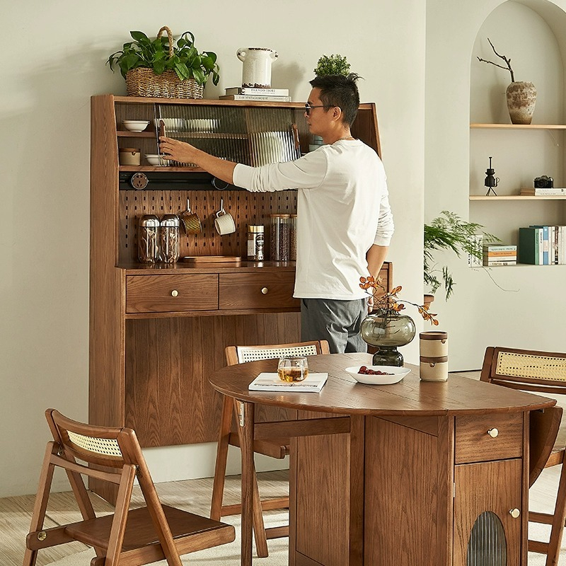 [Pre-order] LEMARS can be stored folding table, integrated cabinet, Nordic solid wood sideboard, wine cabinet, kitchen, combination high cabinet, cupboard-Smart-Living