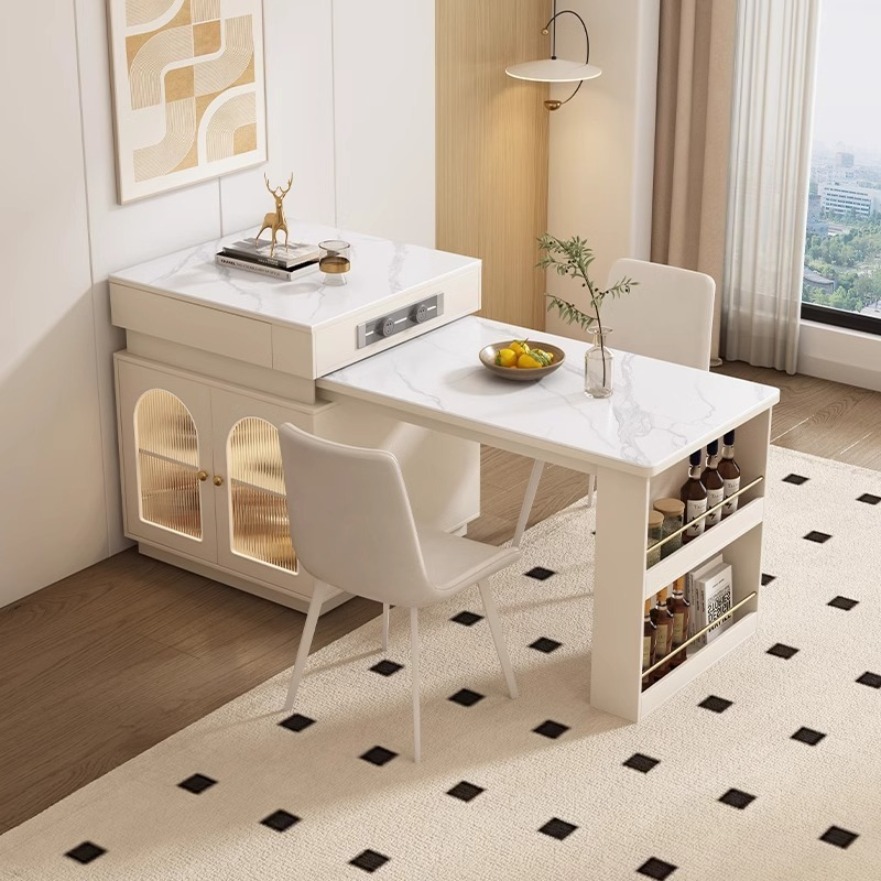 [Pre-order] Oulang Creamy style dining room island dining table and chairs combination retractable living room solid wood slate dining table 2024 new-Smart-Living