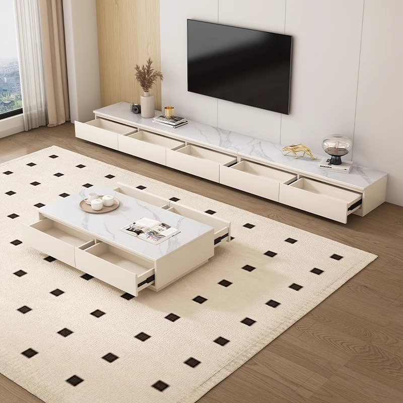 [Pre-order] Oulang 2024 Solid Wood Cream Style Slate TV Cabinet Coffee Table Combo Small Household Modern Simple White Living Room TV Cabinet-Smart-Living