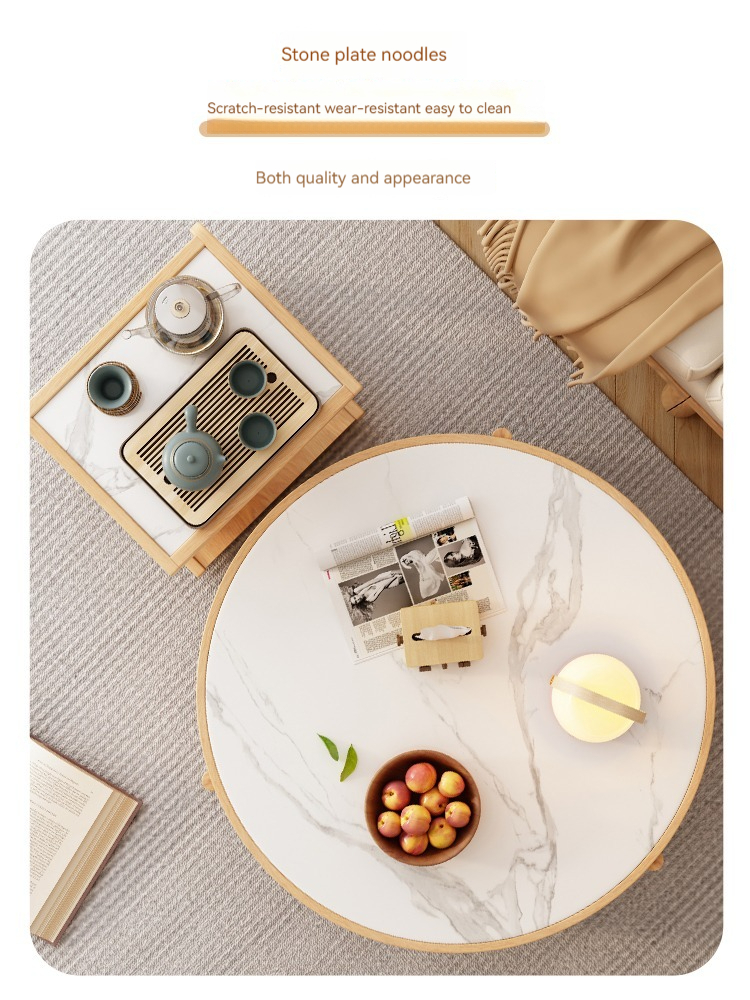 [Pre-order] Japanese-style log style Kung Fu coffee table round slate home living room small apartment multi-functional balcony boiling water tea table-Smart-Living